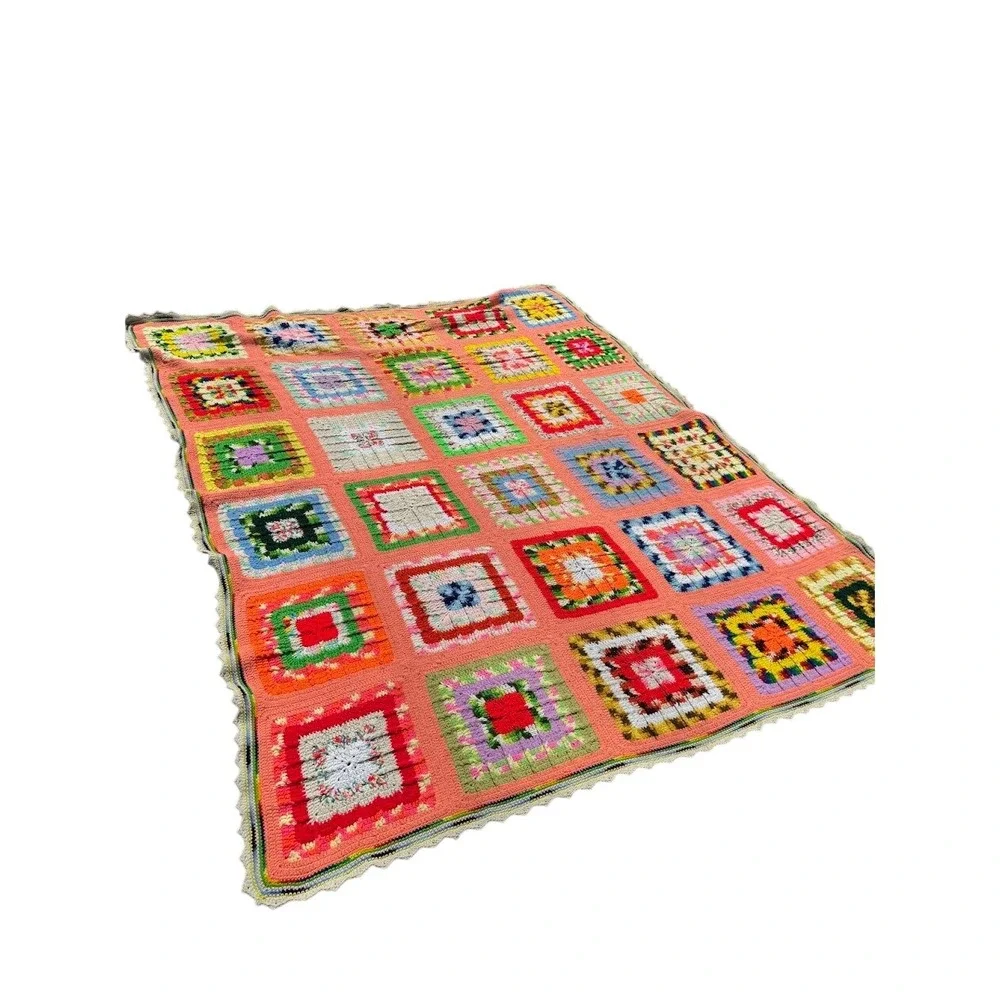 Vintage Granny Square Afghan Blanket Orange Multi Crochet Motifs 95''x115'' L